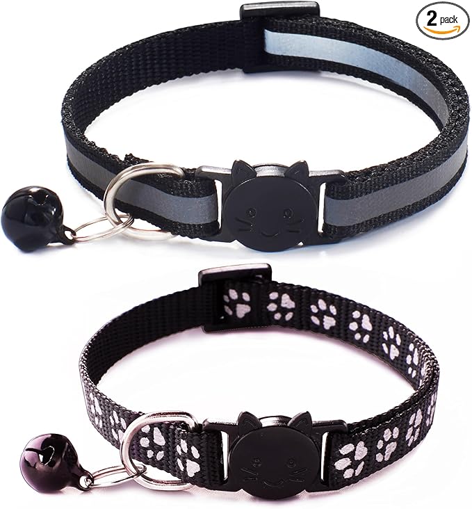 Black Reflective Cat Collar with Bells, [2 Pack] Break Away Kitten Collar with Bells, Breakaway Cat Collar for Boy Cats Kitty
