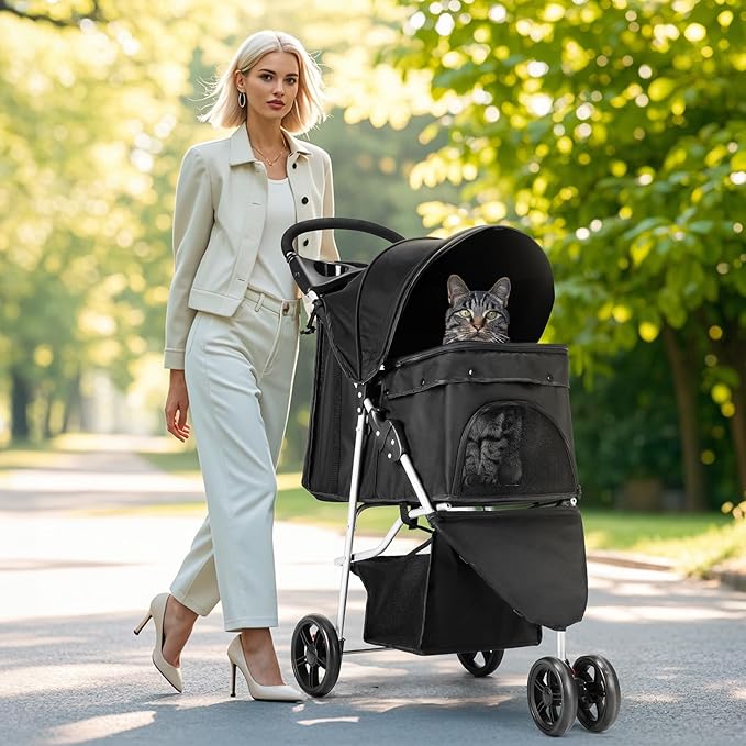 SMUG 3 Wheels Pet Stroller, Dog and Cat Strollers with Storage Basket & Cup Holder, Breathable Mesh, Lightweight Travel Carrier, Waterproof and Foldable for Small Pets Outdoor Walk, Black