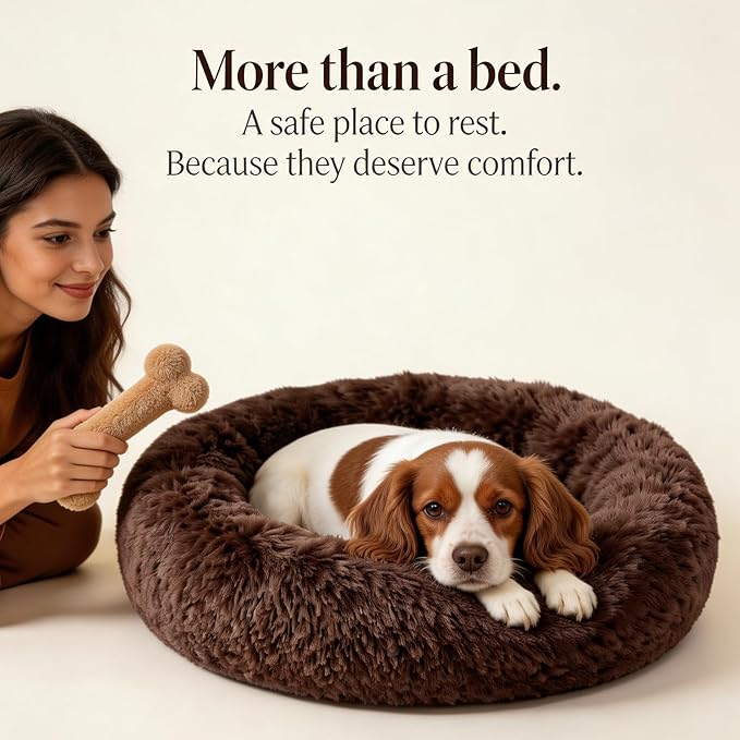 Calming Dog Bed for Medium Dogs Washable Donut 30 inches Anti-Slip Pet Bed,Round Fluffy Plush Faux Fur Cat Bed,Fits up to 45 lbs Pets,Chocolate Brown