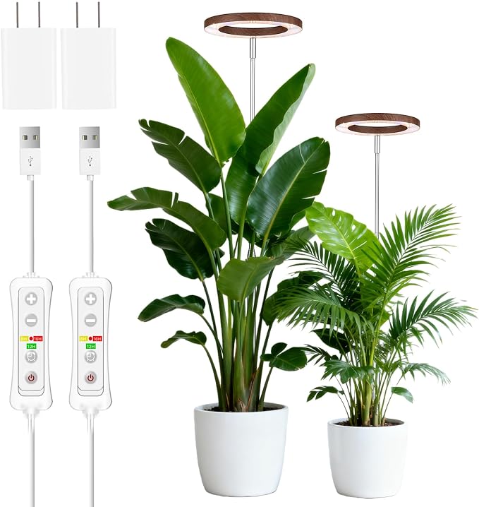Grow Light for Large Indoor Plants, Full Spectrum LED Plant Light, Height Adjustable for Tall Plants, Auto On/Off Timer, 5V Safe Low Voltage Walnut Grain Grow Lamp for Home & Office