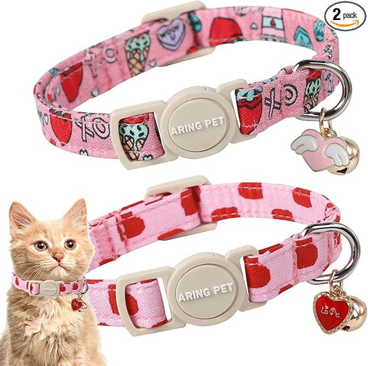 ARING PET 2 Pack Valentine's Day Cat Collars-Cute Heart Cat Collar Breakaway with Bell&Pendant, Adjustable Valentine Kitten Collars with Safety Buckle for Girl and Boy Cats