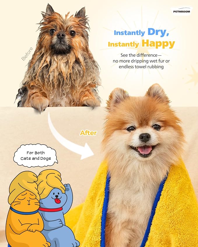 PETHROOM] Portable Pet Towel for Dogs & Cats | Professional Pet Dryer, Super Absorbent & Quick-Drying Dog Dryer | Lightweight, Durable, Ultra-Soft (Small) 8"x 8" (Pack of 2)
