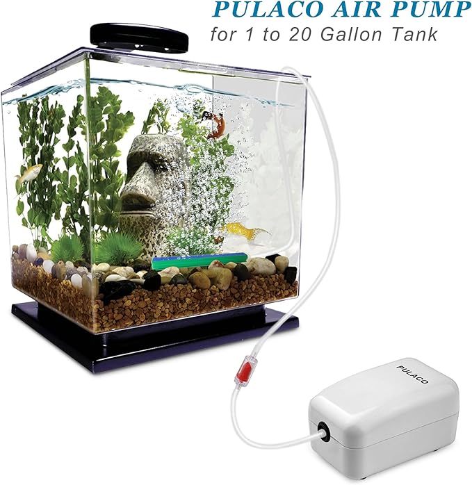 PULACO Ultra Quiet Mini Aquarium Fish Tank Air Pump for 1-20 Gallon Fish Bowl with Air Tube Air Bubbler Stone Check Valve
