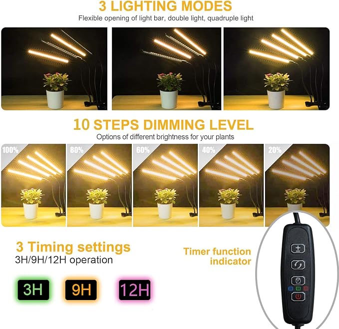 Plant Lights for Indoor Plants, Grow Lights for Seed Starting Auto ON & Off Full Spectrum LED with Timer 4 Tubes