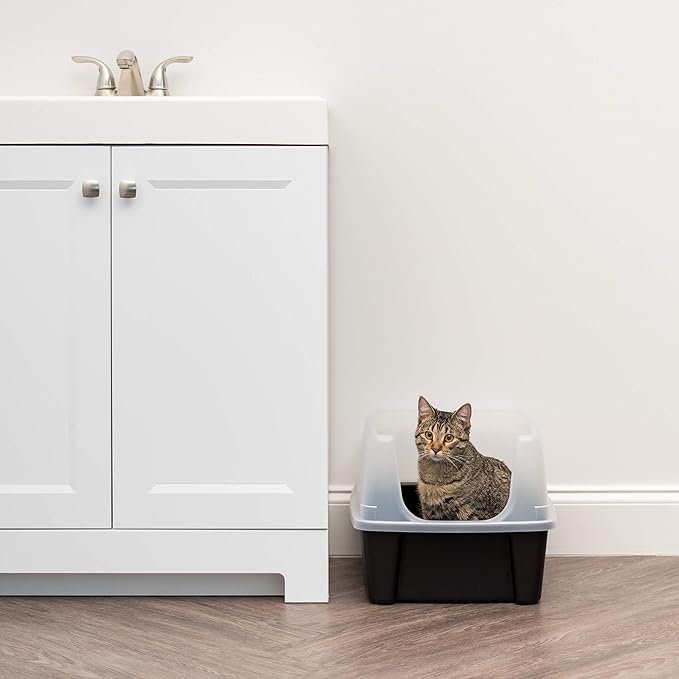 IRIS USA Cat Litter Box Large Open Top with High Sided Walls Tall Scatter Shield Scoop Included Easy Clean Plastic Pan Stain Resistant for Big Cats Kittens Indoor Multi-Cat Households