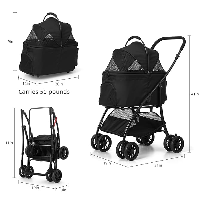 Pet Stroller Quickly Folds for Easy Storage Cat Stroller with Detachable Carrier Thickened Oxford Cloth Breathable Basket Dog Strollers for Small Dogs (Blue)