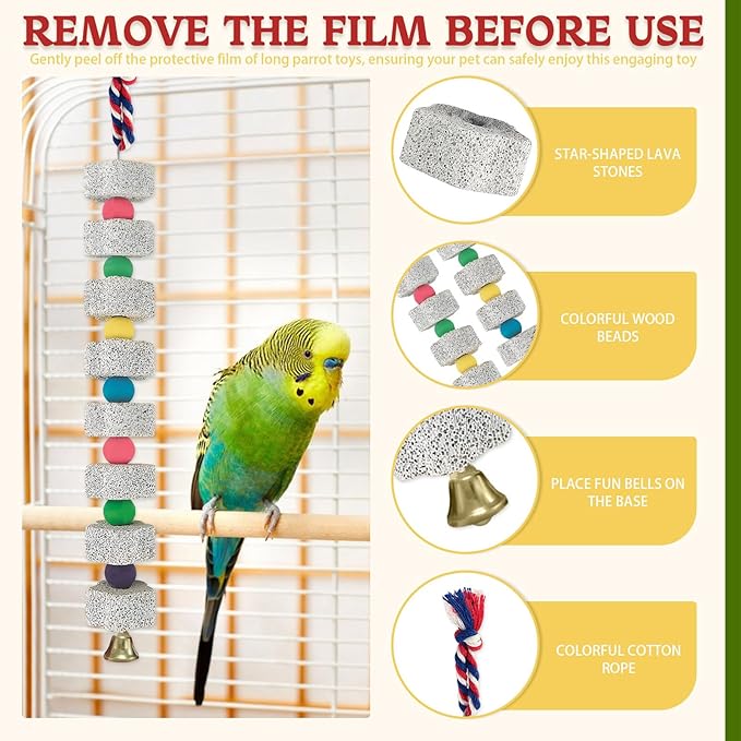 2 Pack Parrot Chewing Toys, Bird Beak Grinding Calcium Stone with Bell, Lava Mineral Block Cage Accessories for Parakeet Budgie Macaw Cockatoo Cockatiel Rat, Long
