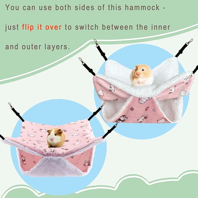 Small Pet Hammock & Tunnel Set for Ferrets, Guinea Pigs, Rats - Plush Hideout Bed & Cage Toy, 2-Pack, Pink Guinea Pig Print