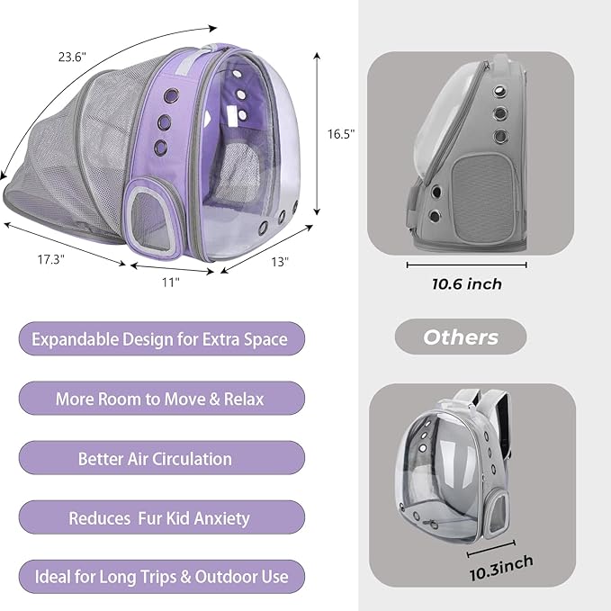 Expandable Cat Backpack Carrier, Breathable Clear Bubble Window Pet Carrier for Small Dogs and Cats up to 12 lbs, Airline Approved Travel Bag for Hiking and Outdoor Use (Back Expandable-Purple)