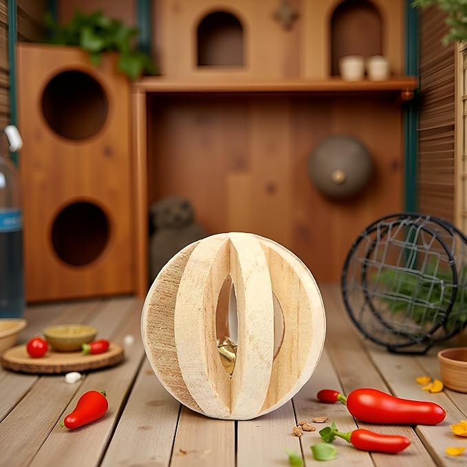 Jinshining 1pc Wood Color Natural Wood Dumbells Unicycle Bell Roller Pet Chew Toy for Guinea Pigs Rat Rabbits,Guinea Pig Toys Boredom,Small Animals Will be Very Happy Toys(No Bark Watermelon Ball)