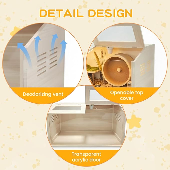 Wooden Hamster Cage Chewproof, Large Hamster Cages and Habitats, Small Animal Habitat with with Double Openable Acrylic Sheet Doors for Gerbil, Degus Mice, Guinea Pig, Rat& Other Small Pets（31.5in）