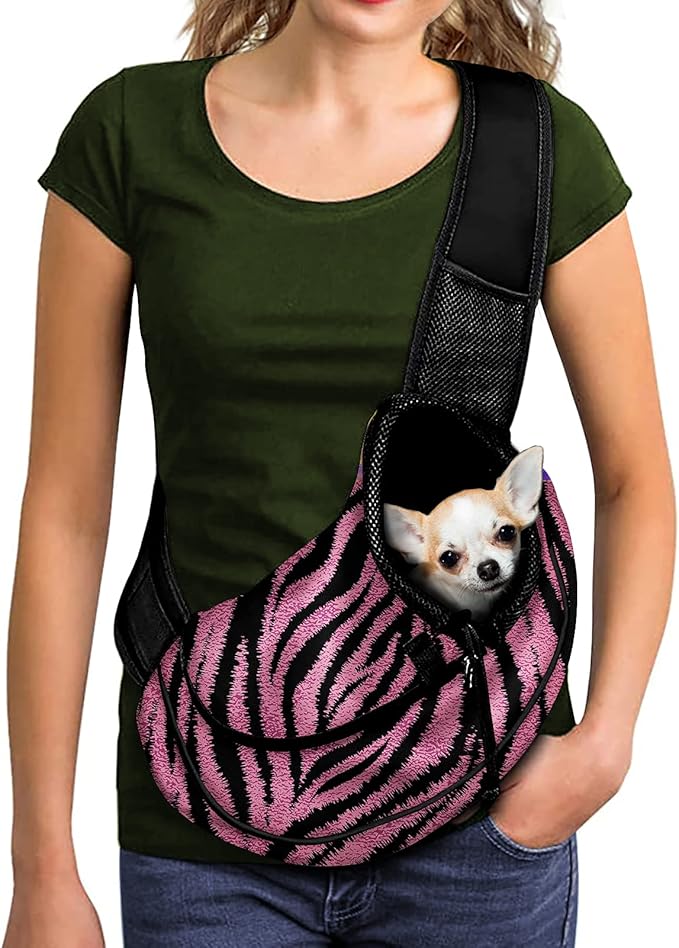 FUSURIRE Pink Zebra Print Sling Bag Carrier for Pets Cats Dogs Animal Print Front Pocket Travel Safe Breathable Mesh Pet Carrier with Adjustable Strap and Plug Hook Design