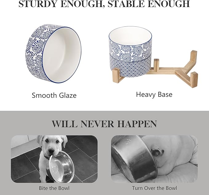 Selamica Ceramic 14 OZ Dog Bowls, Dog Food and Water Bowls with Wooden Stand, Anti-Slip Dogs Dishes Set for Cats & Small Dogs, Weighted Pet Bowls Set of 2, Vintage Blue B