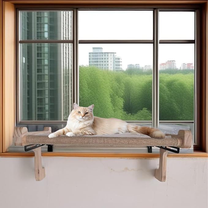No Suction Cup Cat Window Perch - Adjustable Hammock Seat for Windows with Tracks or Gaps, Sturdy Wood Metal Frame Holds 40lbs, Easy No Drilling Indoor Bed for Large Felines