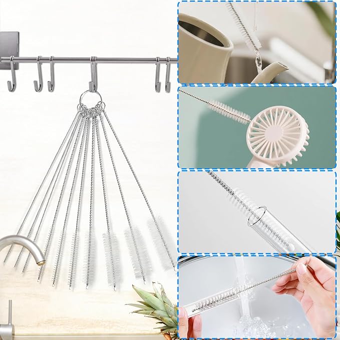 Ixiaoyoo 11 Pcs Cleaning Brushes Set, 8 Inch + 60 Inch Cleaner Brushes | White Nylon Brushes Kit for Bottles, Tumbler, Sippy Cups, Pet Waterers, Drinking Straws, Pipes, Sink Drain, Fish Tank, Hose