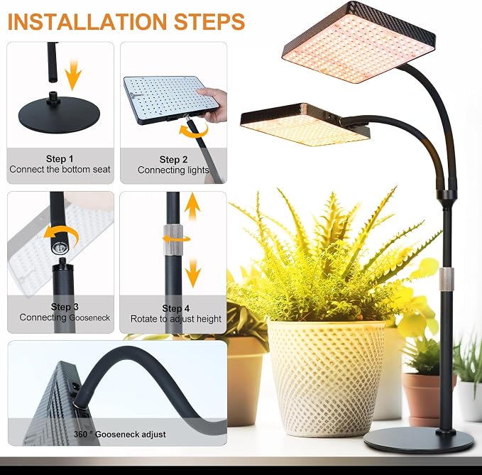 FECiDA 2Head Tabletop Grow Lights for Seed Starting, Indoor Plants, Bonsai | 50 Watt Power Draw, Super Bright and Big Coverage, 5-Mode Timer 4/8/12/16/20 Hr, 16"-24" Height Adjustable