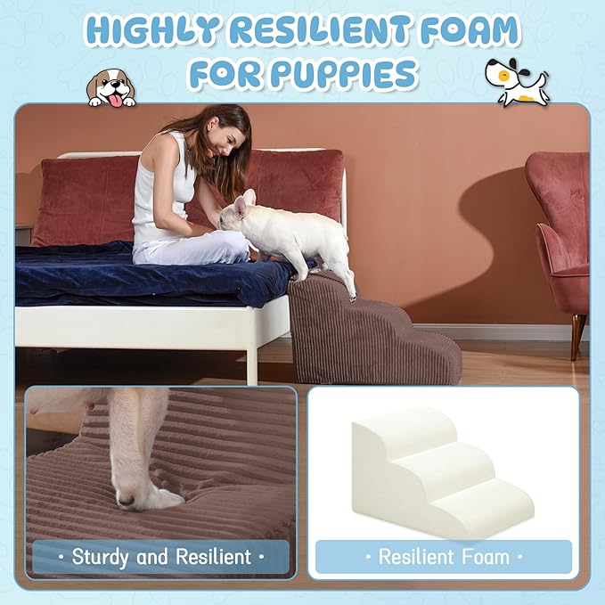 Mesa Lemon Dog Steps for Small Dogs, 3-Step Pet Ramp Stairs for High Beds and Sofa, Non-Slip Pet Stairs for Small Dogs and Cats, Removable and Easy to Clean Cover, Coffee