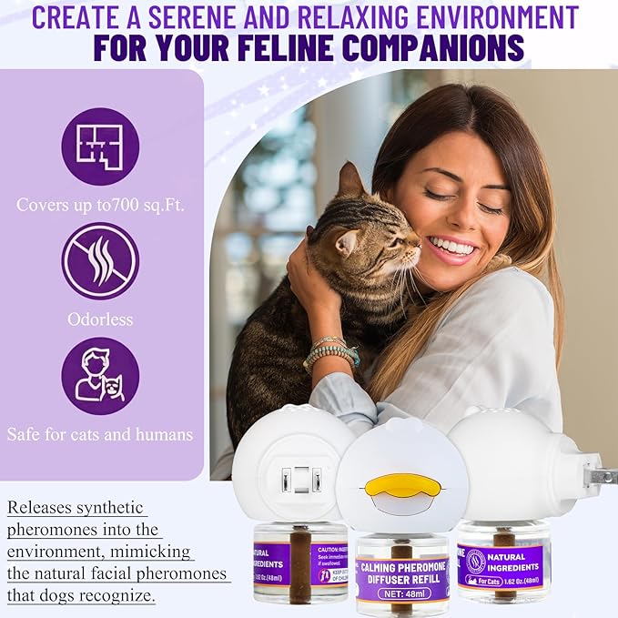 3 x 30 Day Cat Pheromones Calming Diffuser, Cat Calming Diffuser Refills for Stress, Pee Spraying, Aggression, Excessive Meowing & Scratching, 1 Diffuser & 3 Refills