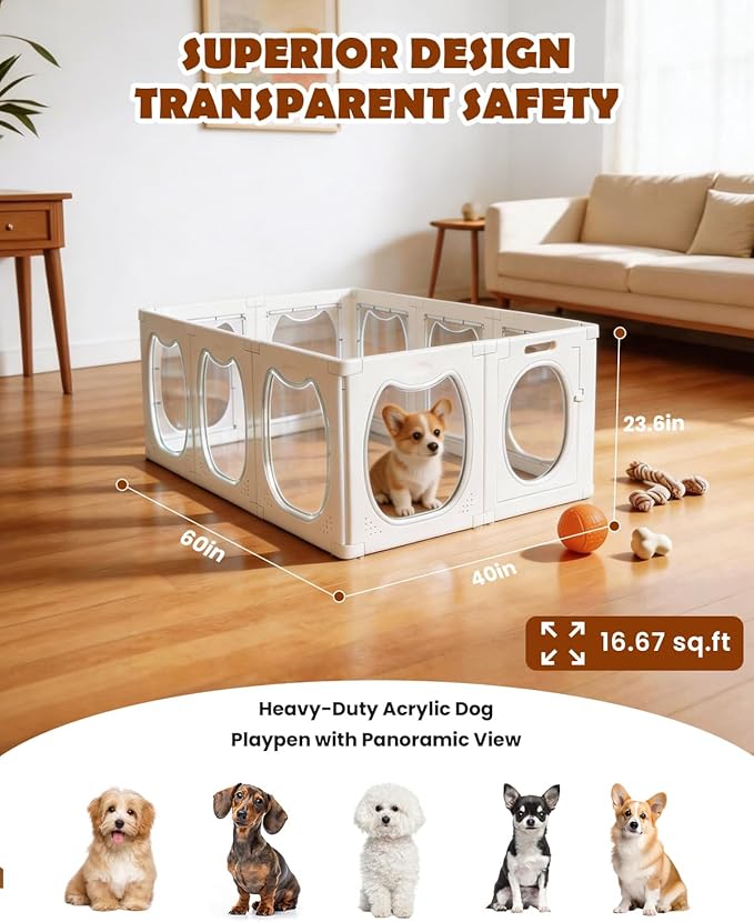 Clear Acrylic Dog Playpen with Door, 10 Panels Large Clear Dog Playpen Indoor, 23.6" Transparent Pet Fence, Expandable Puppy Playpen with Suction Cups, Easy Assemble for Medium/Small Dogs & Pets
