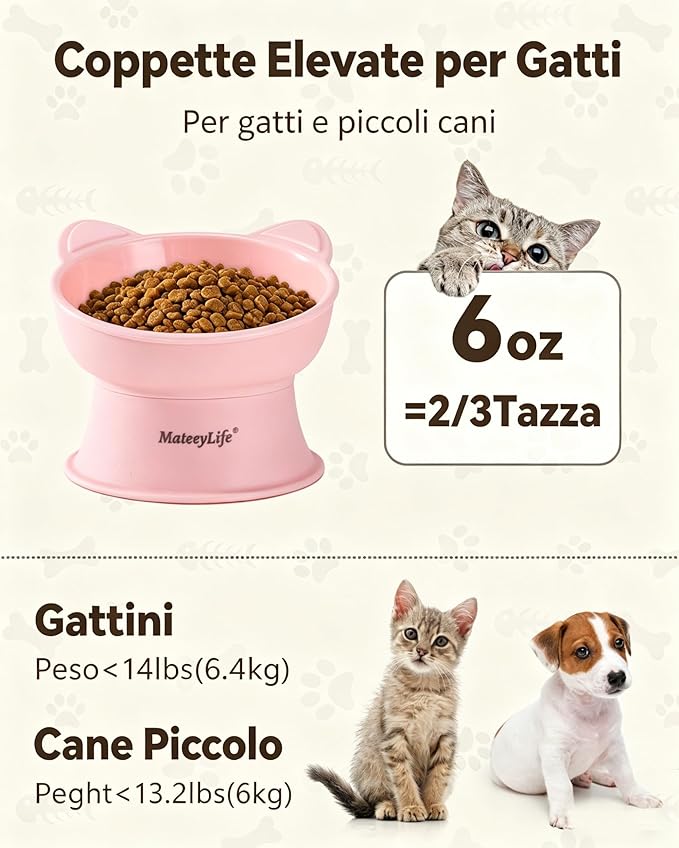 MateeyLife Elevated Cat Bowls, 2P Raised Food and Water Bowl Set for Indoor Cats & Small Dogs, Whisker Fatigue Cat Bowl, Anti Vomit Feeding Pet Bowls, 6 oz Each, Dishwasher Safe - Pink & Green