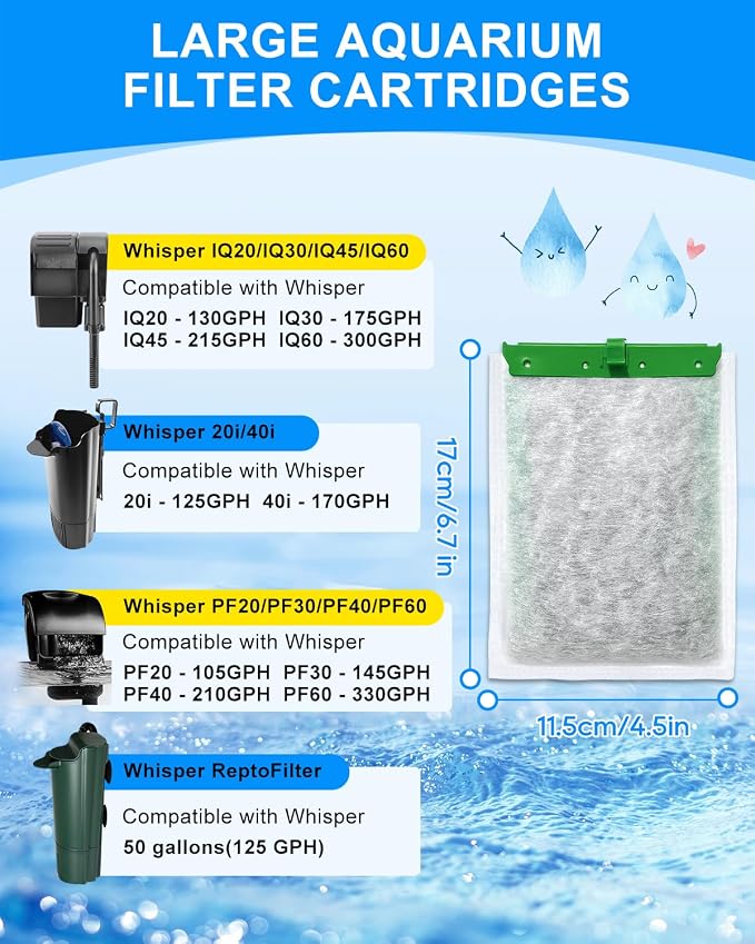 6 Pcs Upgraded Filter Cartridges Large Compatible with Tetra Whisper | 3 Premium Materials Filter Cartridges Compatible with Tetra Whisper, Fits 20i 40i IQ20 IQ30 IQ45 IQ60 PF20 PF30 PF40 PF60