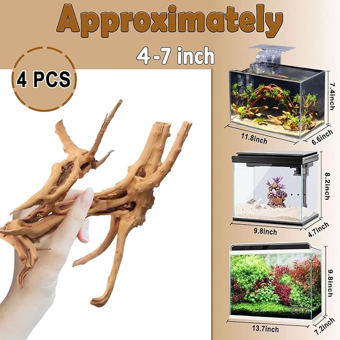 kathson 4Pcs Aquarium Driftwood, 4"-7" Small Natural Wood Driftwood Tree Fish Tank Decoration Assorted Branches Ornament for Fish, Shrimp, Aquatic Animals Play