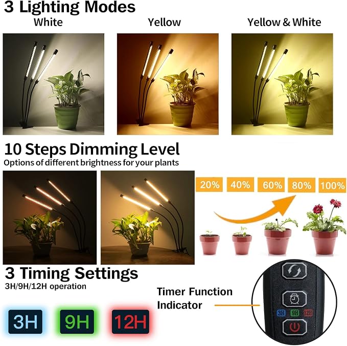 Bseah Grow Light Plant Lights for Indoor Plants, Full Spectrum Led Growing Lamp with 3/9/12H Timer, Auto ON & Off, 10 Dimmable Lightness Clip-On Desk