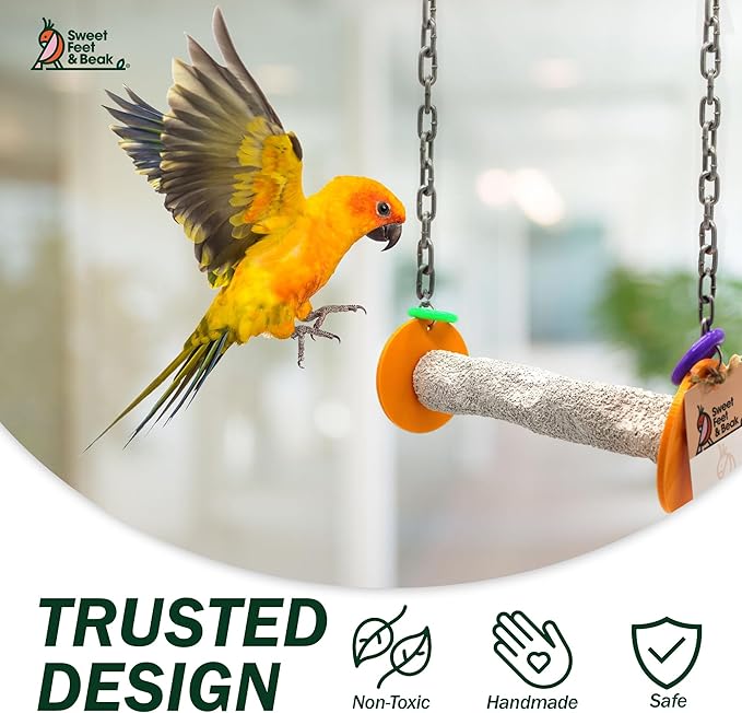 Sweet Feet and Beak Roll Bird Swing - Pumice Perch Bird Toys Trims Nails and Beaks, Safe Bird Cage Accessories for Small and Large Birds, Swinging Toys Birds Will Love, XSmall 4.5 Inches - Yellow