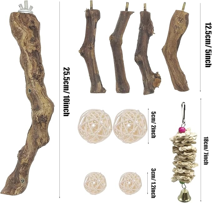 6 PCS Bird Perch Stand Natural Grapevine with Chewing Toys for Parrots, Parakeets, Cockatiels, Conures, Macaws, Love Birds (Style 8)