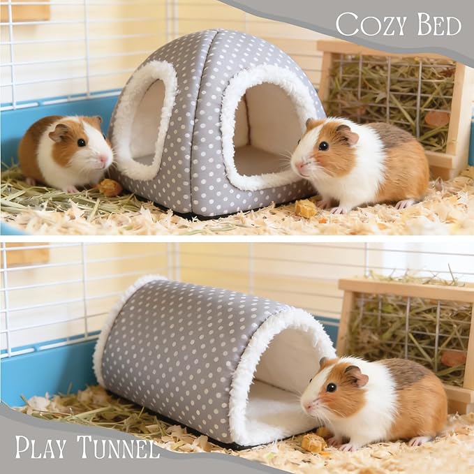 Guinea Pig Hideout and Play Tunnel Set, Washable Fleece Bed for Dwarf Rabbits, Bunnies, Chinchillas, Small Animal Toys - Grey Dot
