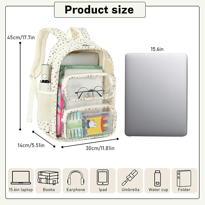 CAMTOP Clear Backpack Heavy Duty Transparent Bag See Through BookBag for Student School Work Festival Sport Travel (Beige Yellow Flowers)