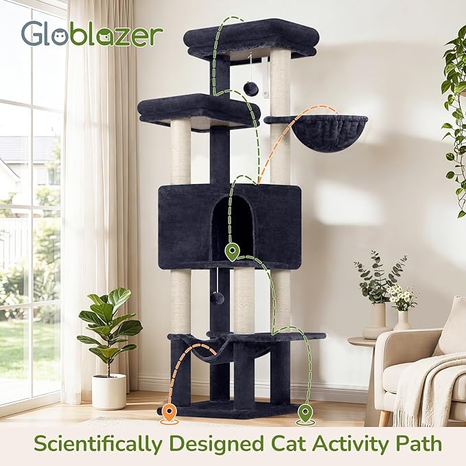 Globlazer Tall Cat Tree Tower for Large Adult Cats, Multi-Level Large 65 Inch Cat Scratching Tower with Hammock, 6 Scratching Posts, Basket and 2 Perches for Indoor Multiple Cats, F65D, Dark Grey
