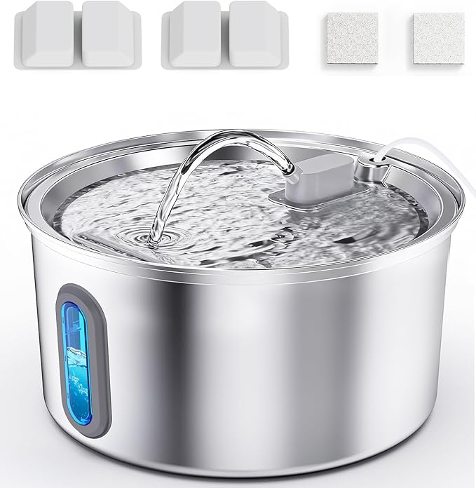 Cat Water Fountain Stainless Steel, 3.2L/108oz Pet Fountains for Drinking with Smart Quiet Pump and Large Water Level Window, Easy-to-Clean Automatic Pet Water Dispenser for Indoor Use