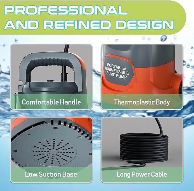 Sump Pump 1HP Submersible Water Pump 3700GPH Electric Thermoplastic | Swimming Pool Draining Transfer Water From Hot Tub Basement Garden Ponds Low Water Level 16.4FT Power Cord Portable