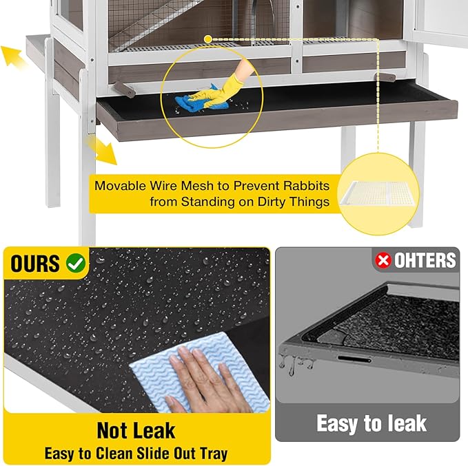 Aivituvin 2-Story Indoor Rabbit Hutch Guinea Pig Cage with Stand, Wooden Bunny Cage Small Animal Cages with Chew-Proof Ramp, Pull-Out Tray & Leakproof PVC Layer (Brown)