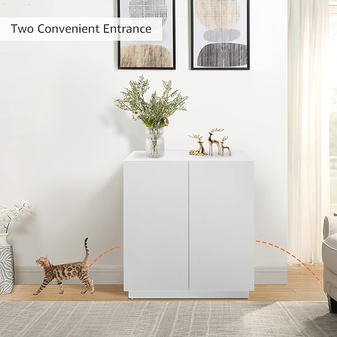 unipaws Tall Cat Litter Box Enclosure with Shelves, Hidden Litter Box Cover for Tall or Top Entry Litter Box, Kitty Enclosed Litter Box Cabinet, Cat Box Furniture，White