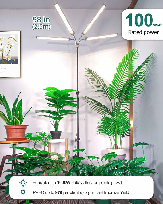 Floor Grow Light, 50W Dimmable, 15-105in Tripod with Timer | Full spectrum with 3 lighting modes, 6/10/14/18h auto timer, adjustable stand for all indoor plant growth stages