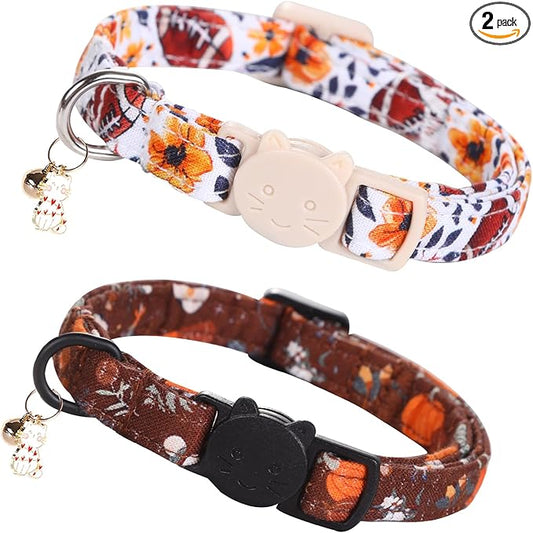 Elegant little tail Fall Cat Collar-2 Pack Pumpkin with Rugby Print Cotton Breakaway Cat Collars with Bell Pendant Kitten Boy Girl Safety Adjustable Collar for Small Cats Puppy
