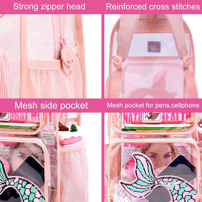 Clear Backpack for Girls and Boys, Kids Transparent Bookbag, 3PCS Cute See Through School Bag for Elementary Prechool