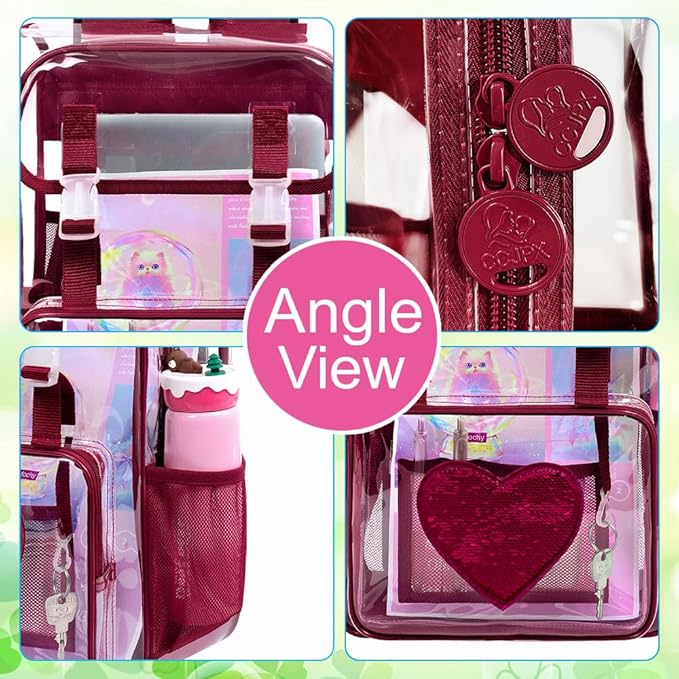 17" Sequin Clear Backpack for Girls - 3Pcs School Flip Design Stadium Approved Set, Gym/Concert Transparent Bookbag (Red)