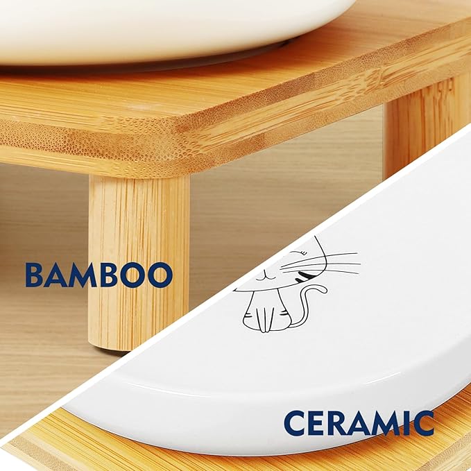 DoogCat Elevated Cat Bowls for Indoor Cats – Raised Bamboo Cat Bowl Stand with 5.75 Inch Wide Ceramic Dishes, Pet Food Plate Table for Easy Feeding, Whisker Friendly(White,Set of 2)