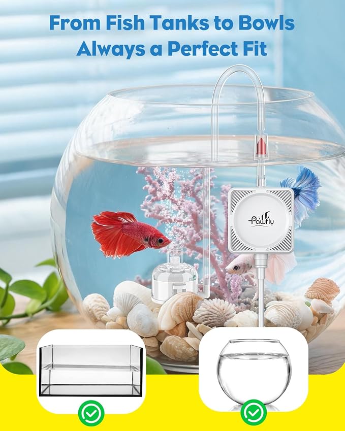 Pawfly 27 L/H Aquarium Air Pump, Compact Air Pump Suitable for 1–15 Gallon Fish Tanks | 1.3W Ultra Quiet Portable Fish Tank Oxygen Aerator Air Pump Kit with Mini Sponge Filter, Air Tubing, Air Stone, Check Valve