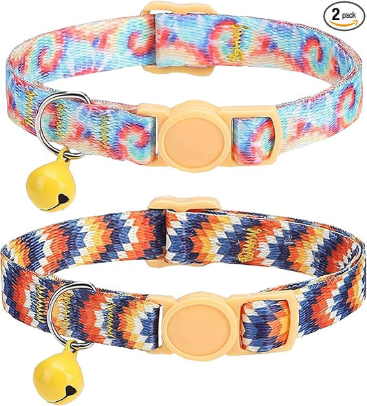 SOLMOONY Cute Cat Collar for Girl Boy,Colorful Breakaway Cat Collars with Bell 2 Pack，Adjustable Printed Nylon with Safety Buckles Kitten Collar (Coloured Drawing)