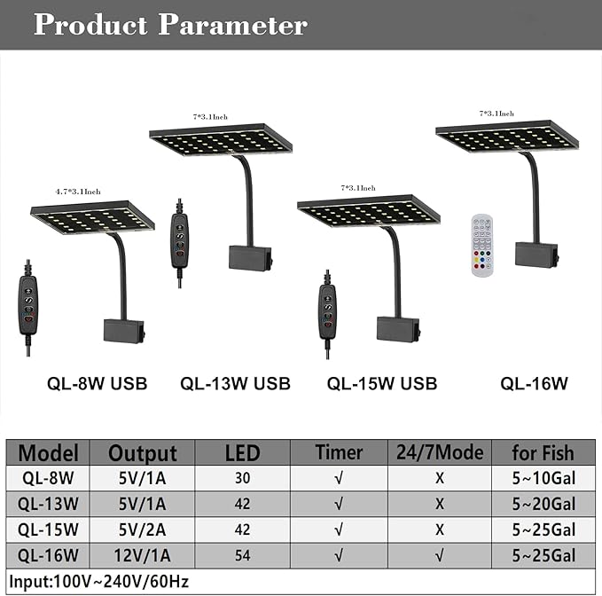 Carefree Fish Aquarium LED Light USB 5V2A RGBW 5730 Timmer 5~25Gal Fish Tank Clip Light 10 Brightness Levels 15W with USB Port (Include UL Certification Power Adapter)
