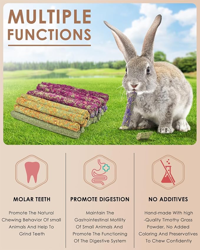Bissap 22PCS Rabbit Chew Sticks, Mixed Natural Flower Rose Dahlberg Daisy and Forget-me-not Timothy Hay Chew Toys Treats for Rabbit Bunny Chinchilla Guinea Pig Hamster Other Small Animals Molar Snacks