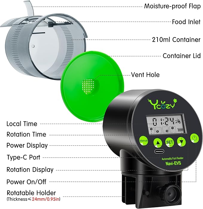 Ycozy Automatic Fish Feeder Rechargeable with USB Cable Moisture-Proof Intelligent Electric Fish/Turtle Feeder for Aquarium & Fish Tank (Plug Powered-EVS)