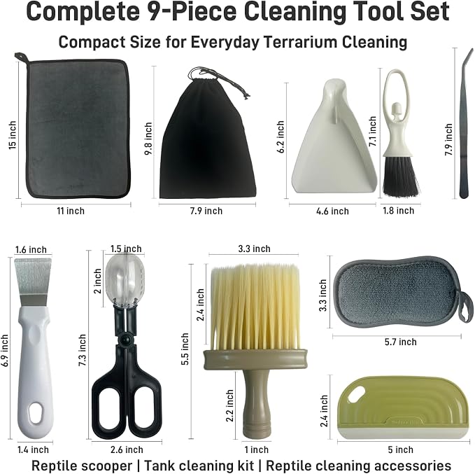 Reptile Cleaning Kit 9PCS, Terrarium Cleaning Tools Set with Scraper, Brush, Tweezers & Sponge, Tank Maintenance Kit for Bearded Dragon, Gecko, Snake Habitat Supplies