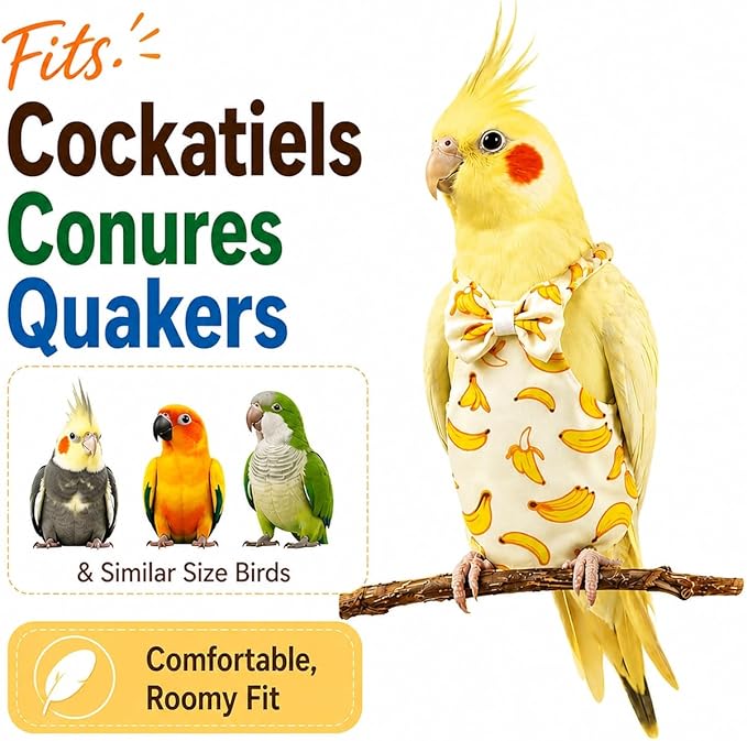 Bird Diaper and Leash Set with Harness, Cockatiel/Conure/Young Quaker Parrot Diapers with Harness, Washable Pet Bird Flight Suit Set for Outdoor Flying & Training (M)