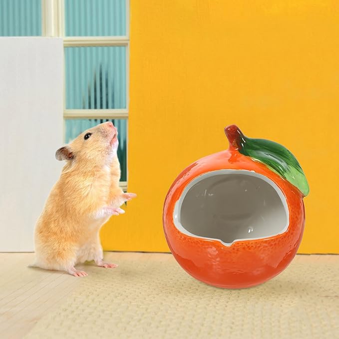 POPETPOP Ceramic Hamster Hideout: Orange Hamster House - Small Animal Hide for Chinchilla, Hedgehog, 10x10cm