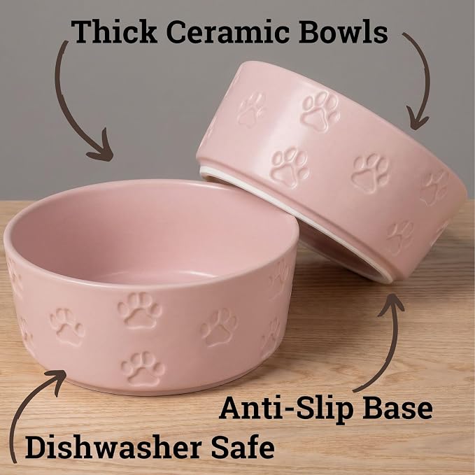 Ceramic Dog Bowl Set of 2 with Anti-Skid Base - 6.5" Wide x 2.5" Tall Ceramic Dog Bowls Medium Sized Dogs - 3.8 Cup Capacity Food and Water Bowls for Dogs - Rubber Bottom Pet Bowl Set of 2 Medium Size